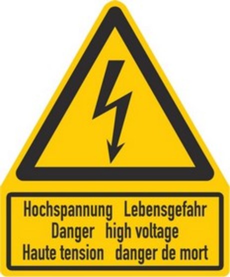 Kombischil 3-sprachig, deutsch: Hochspannung Lebensgefahr, englisch: Danger High voltage, französisch: Haute tension danger de mort Kombischil 3-sprachig, deutsch: Hochspannung Lebensgefahr, englisch: Danger High voltage, französisch: Haute tension danger de mort