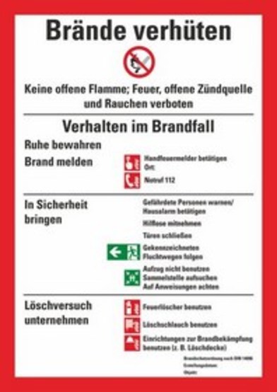 Brandschutzordnung mit Handfeuermelder und Einrichtung zur Brandbekämpfung