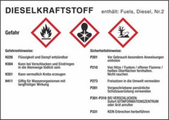 Dieselkraftstoff, Gefahren- und Sicherheitshinweise Dieselkraftstoff, Gefahren- und Sicherheitshinweise