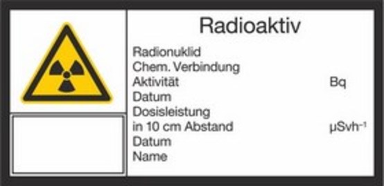 Radioaktiv, Radionuklid, Chem. Verbindung, Aktivität, Datum, Dosisleistung in 10 cm Abstand, Datum, Name