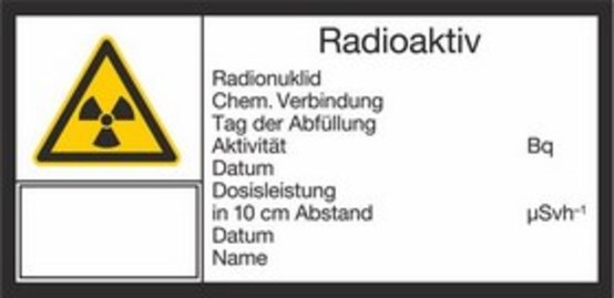 Radioaktiv, Radionuklid, Chem. Verbindung, Tag der Abfüllung, Aktivität, Datum, Dosisleistung in 10 cm Abstand, Datum, Name